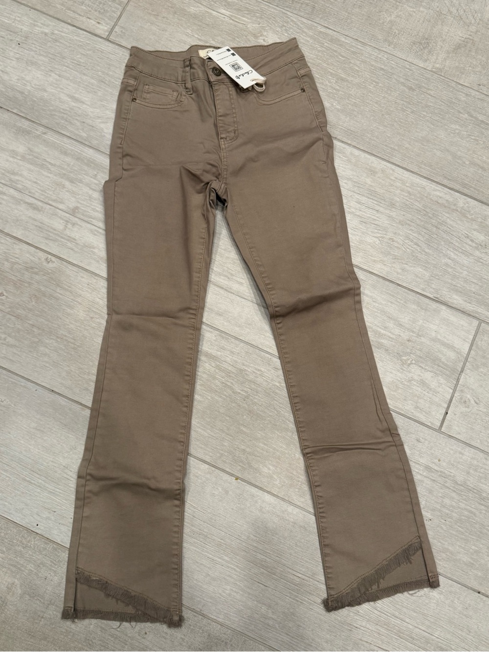 CHARLIE B Taupe Wide-Leg Jeans with Frayed Hem